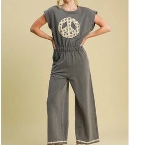 Umgee - The Kristin Charcoal Mineral Wash Peace Sign Jumpsuit - Size S - NWT